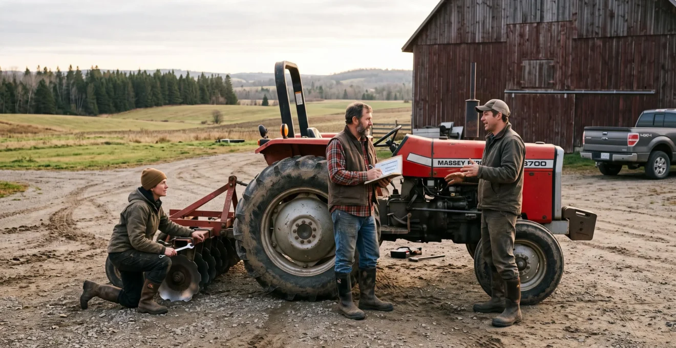 Trois agriculteurs biologiques canadiens examinent ensemble un tracteur partagé dans une cour de ferme au petit matin