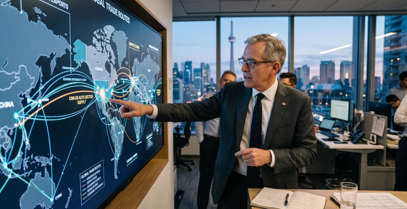 Analyste économique canadien observant une carte numérique de dépendance commerciale au centre de l'Amérique du Nord.