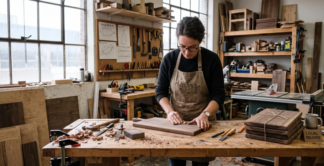 Un artisan canadien ponce une planche de service en bois dans son atelier, entouré d'outils et de pièces en cours de fabrication.