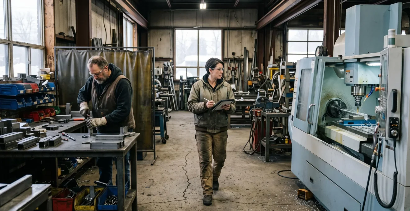 Un responsable de production circule entre un poste de travail manuel et une machine automatisée dans un atelier canadien qui poursuit son activité pendant la modernisation.