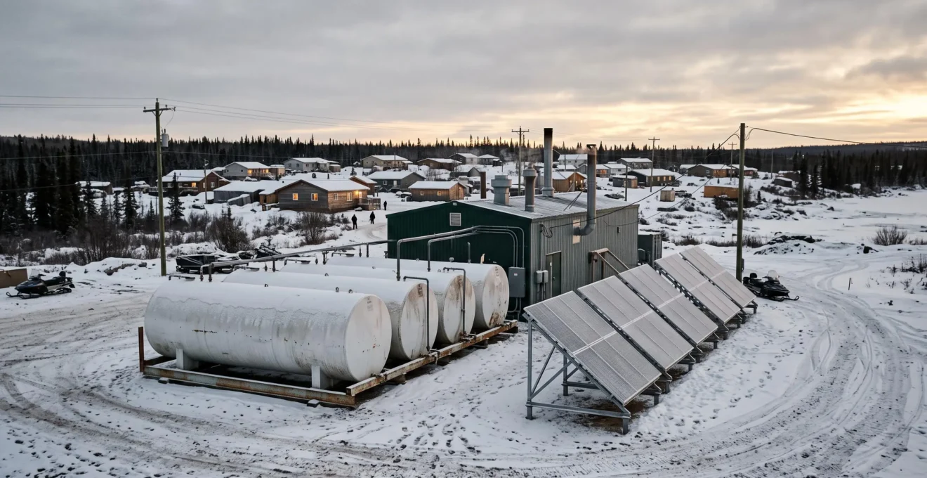 Centrale électrique d'un village isolé du Nord canadien avec réservoirs de diesel et panneaux solaires sous une lumière hivernale.