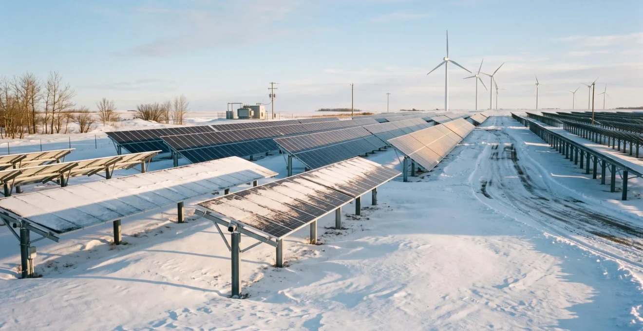 Des rangées de panneaux solaires partiellement recouverts de neige dans une plaine enneigée, avec des éoliennes à l'horizon sous un ciel d'hiver.