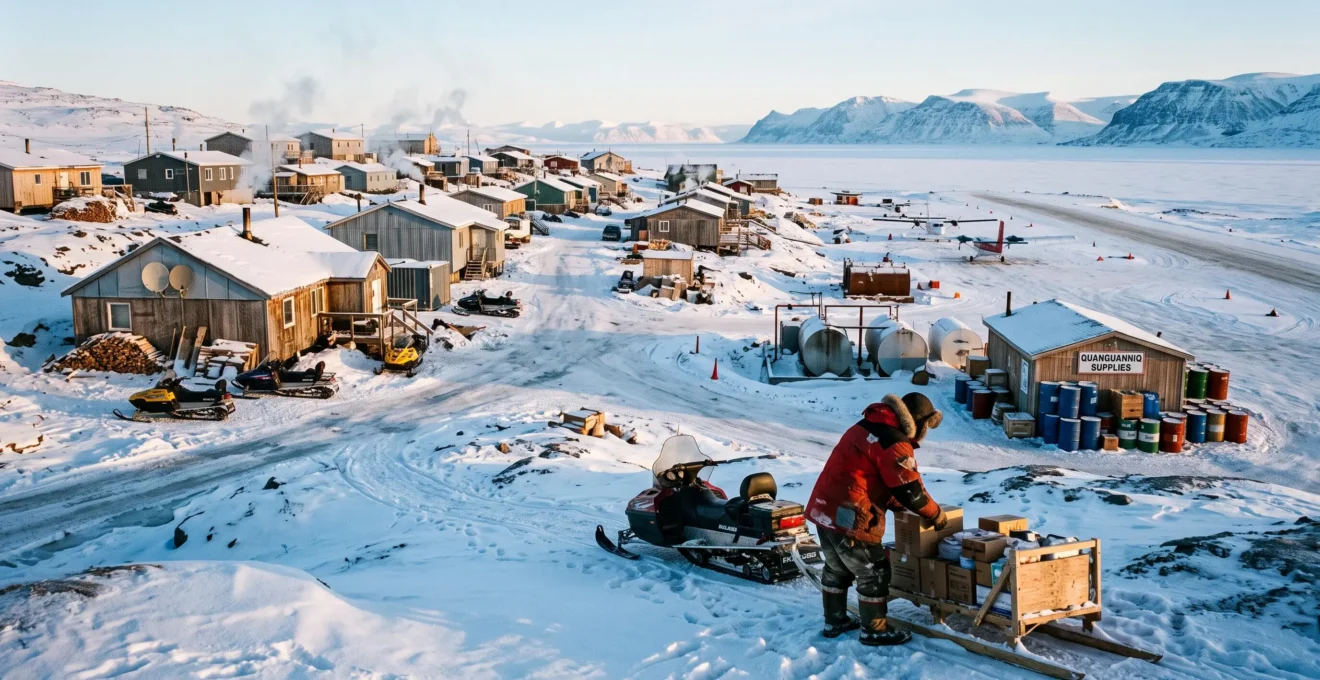 Une petite communauté nordique isolée du Canada sous la lumière hivernale, avec ses maisons, ses réservoirs de carburant et des habitants déchargeant des provisions.