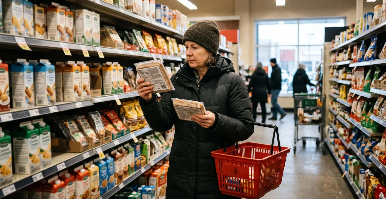Un consommateur compare l'étiquette arrière de deux produits alimentaires dans une allée d'épicerie canadienne.