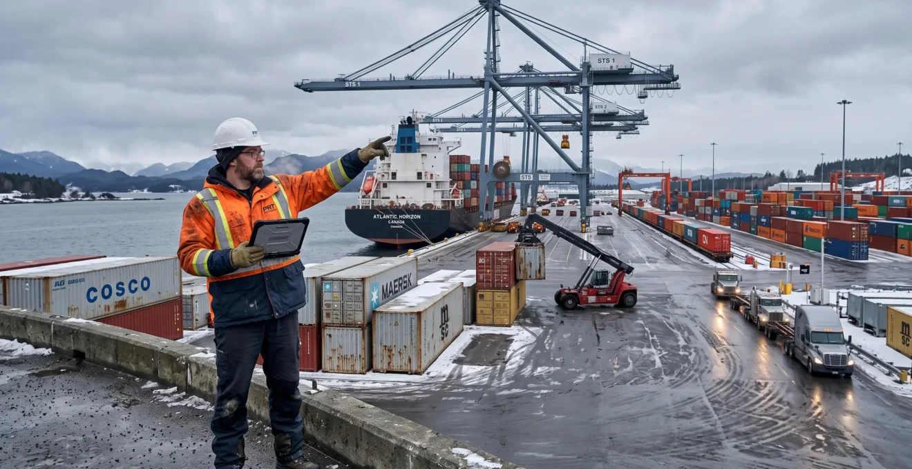 Un coordonnateur logistique en veste haute visibilité vérifie le déchargement de conteneurs maritimes sur un quai portuaire canadien en hiver.