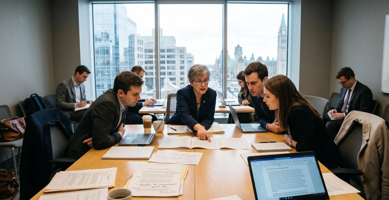 Une équipe de diplomates canadiens examine autour d'une table de conférence une version annotée d'un projet de communiqué avant un sommet international.