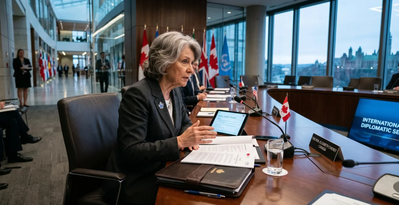 Diplomate canadien en discussion sérieuse au cours d'une réunion internationale complexe.