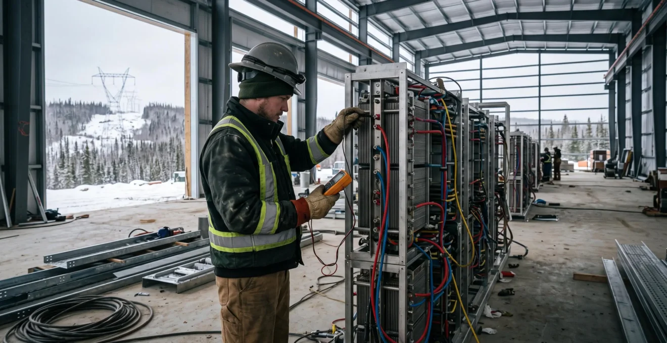 Un électricien vérifie les connexions d'un électrolyseur dans une installation industrielle d'hydrogène vert au Canada, avec une ligne de transport d'hydroélectricité visible à l'extérieur.