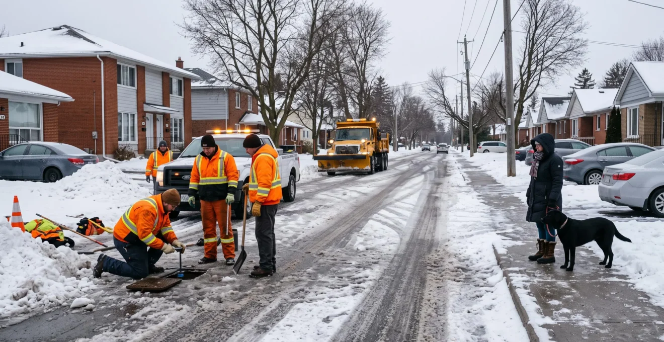 Une équipe municipale intervient sur une rue résidentielle canadienne en hiver pendant qu'un résident observe depuis le trottoir.