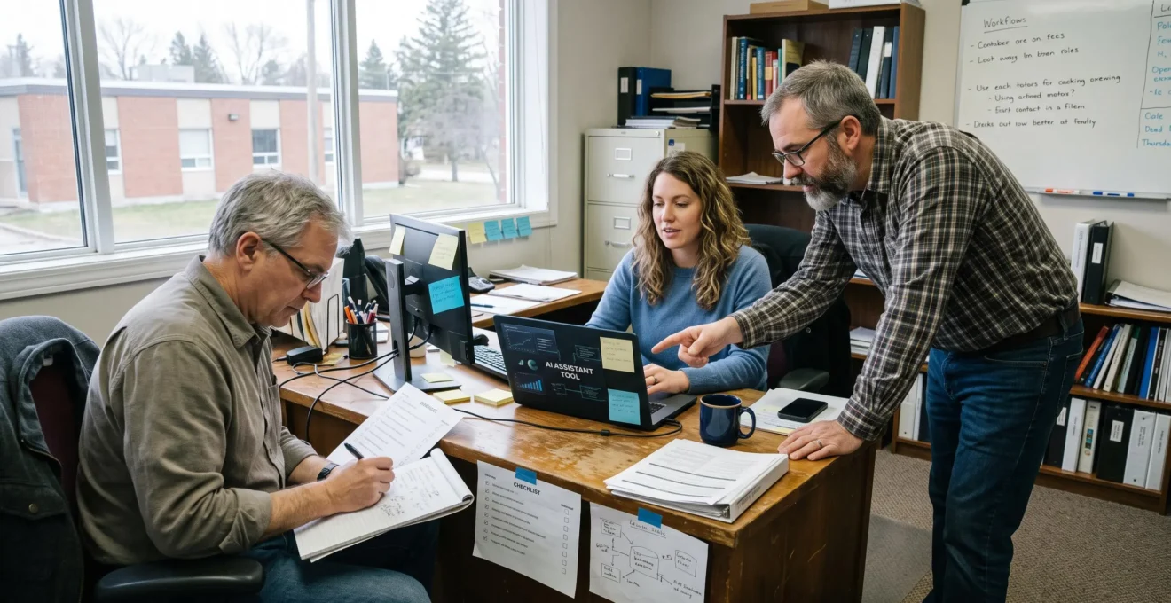 Trois employés d'une petite entreprise canadienne examinent ensemble un outil d'intelligence artificielle sur un ordinateur portable au milieu d'un bureau en usage quotidien.