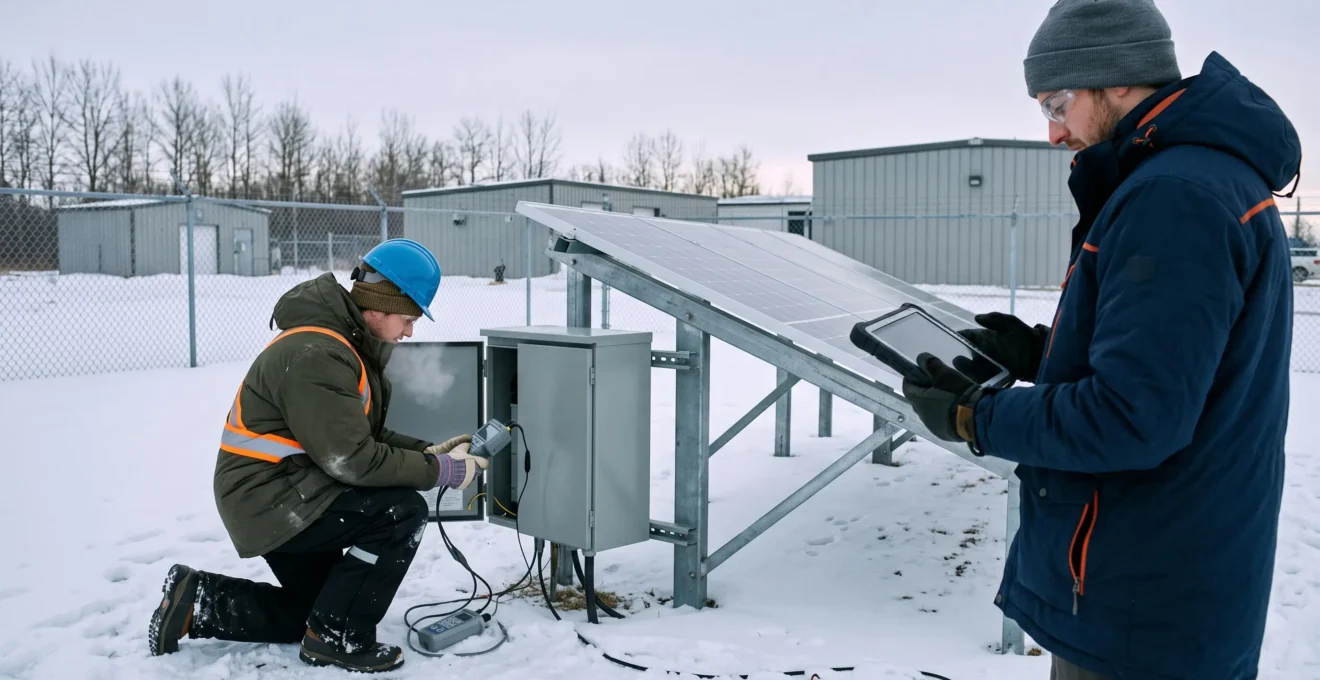 Deux ingénieurs testent une installation pilote d'énergie propre par temps hivernal au Canada, l'un relève des données sur une armoire de stockage, l'autre note les mesures sur une tablette.