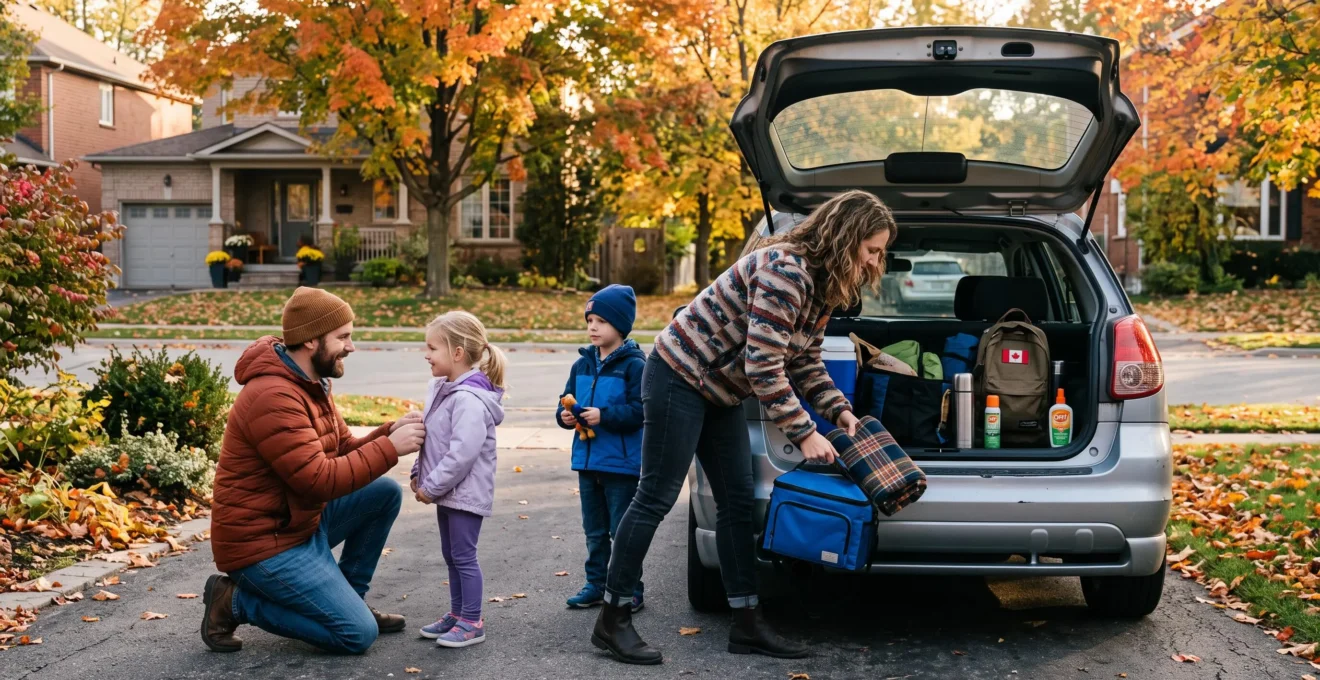 Une famille canadienne charge le coffre de sa voiture avec un sac isotherme et des sacs à dos avant une escapade d'une journée, devant des érables aux couleurs d'automne.