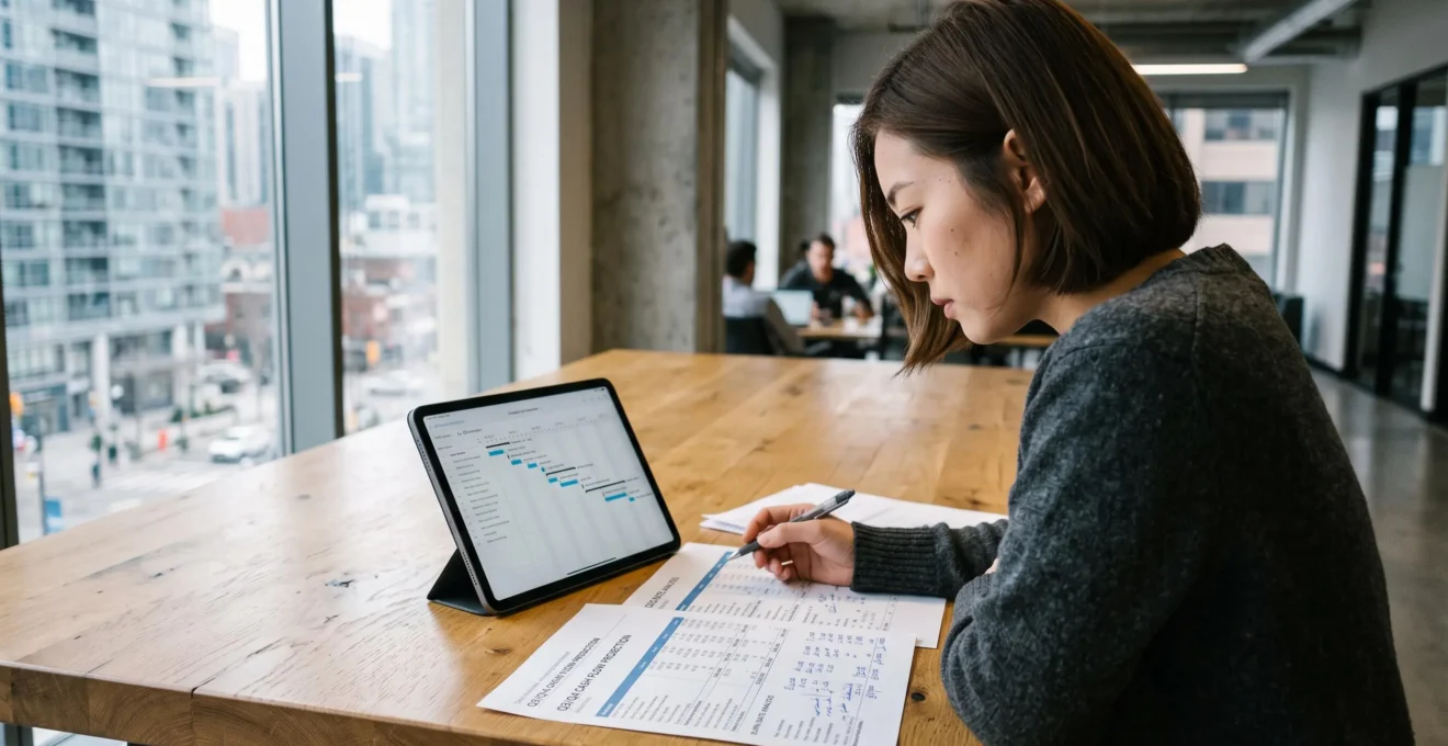 Entrepreneur analyise méticuleusement un tableau de trésorerie et un calendrier financier sur une tablette dans un bureau de startup au Canada.