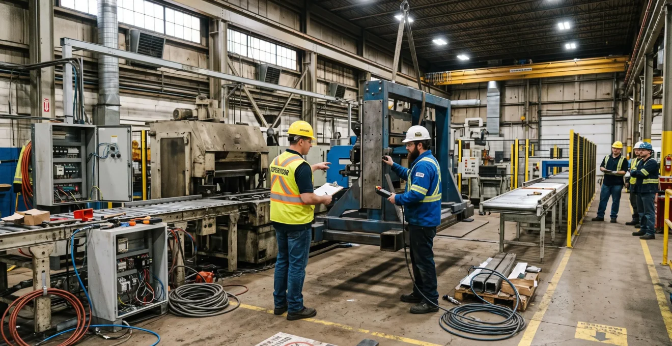 Un superviseur et un technicien installent une nouvelle machine industrielle sur une ligne de production arrêtée dans une usine canadienne.