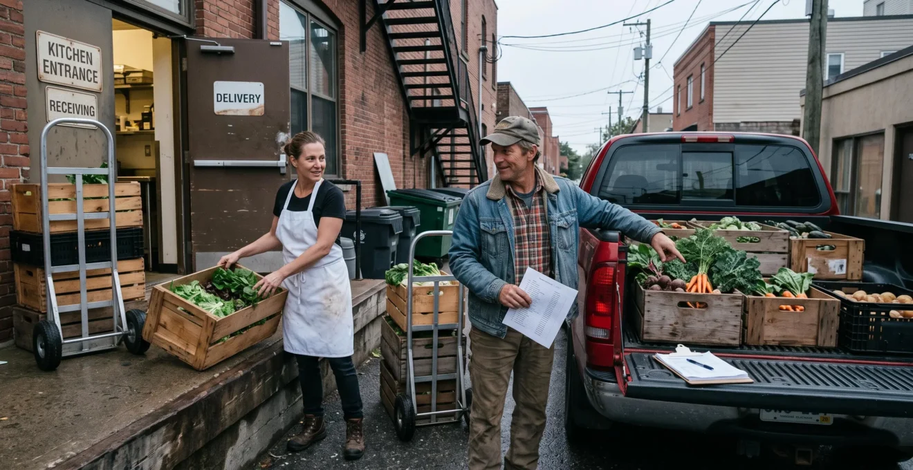 Un chef reçoit des caisses de légumes locaux d'un producteur descendant d'un camion à l'arrière d'un restaurant canadien.