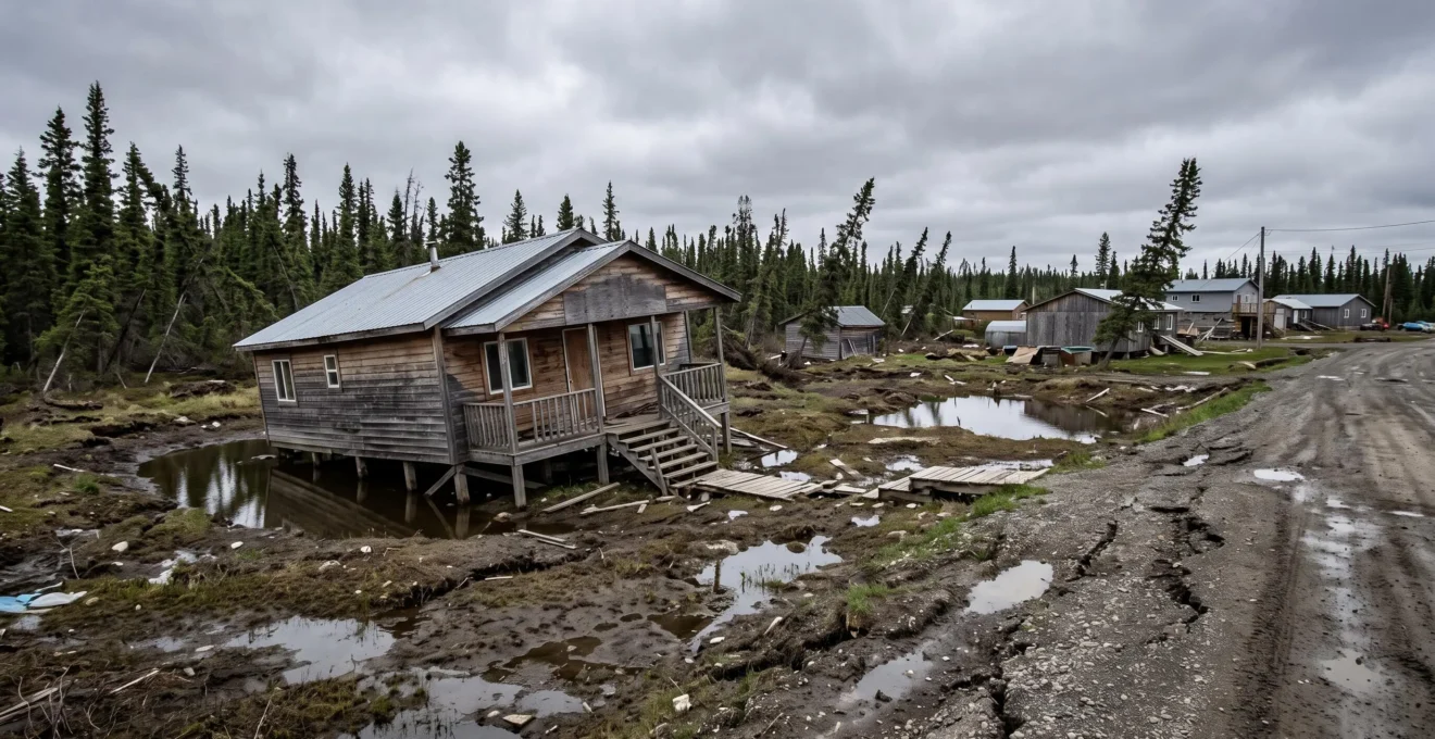 Maison inclinée sur pilotis dans un village du Nord canadien, le sol affaissé par le dégel du pergélisol forme des dépressions remplies d'eau autour des fondations