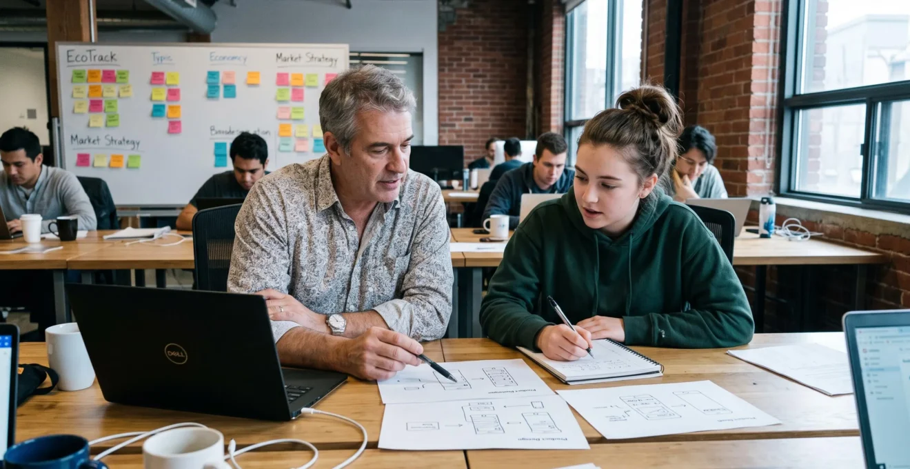 Un mentor discute avec une jeune fondatrice de startup autour d'un ordinateur portable et de croquis dans un espace d'incubation canadien.