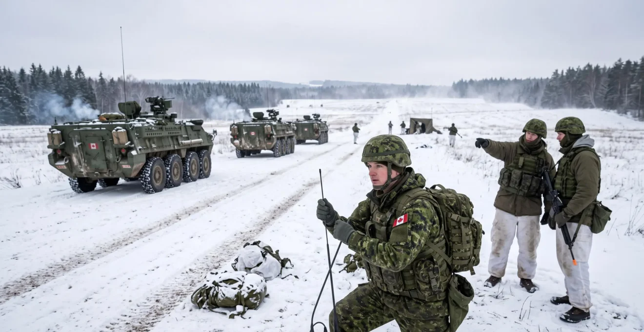 Des militaires canadiens en tenue hivernale observent un terrain d'exercice enneigé près de véhicules blindés lors d'une présence avancée de l'OTAN.