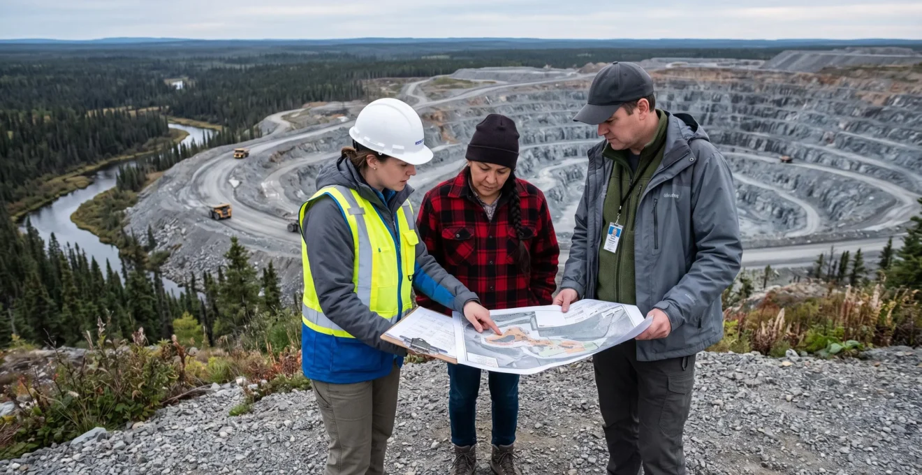 Un ingénieur minier, une personne autochtone et une fonctionnaire examinent des cartes de site sur un promontoire surplombant une mine à ciel ouvert bordée de forêt boréale au Canada.