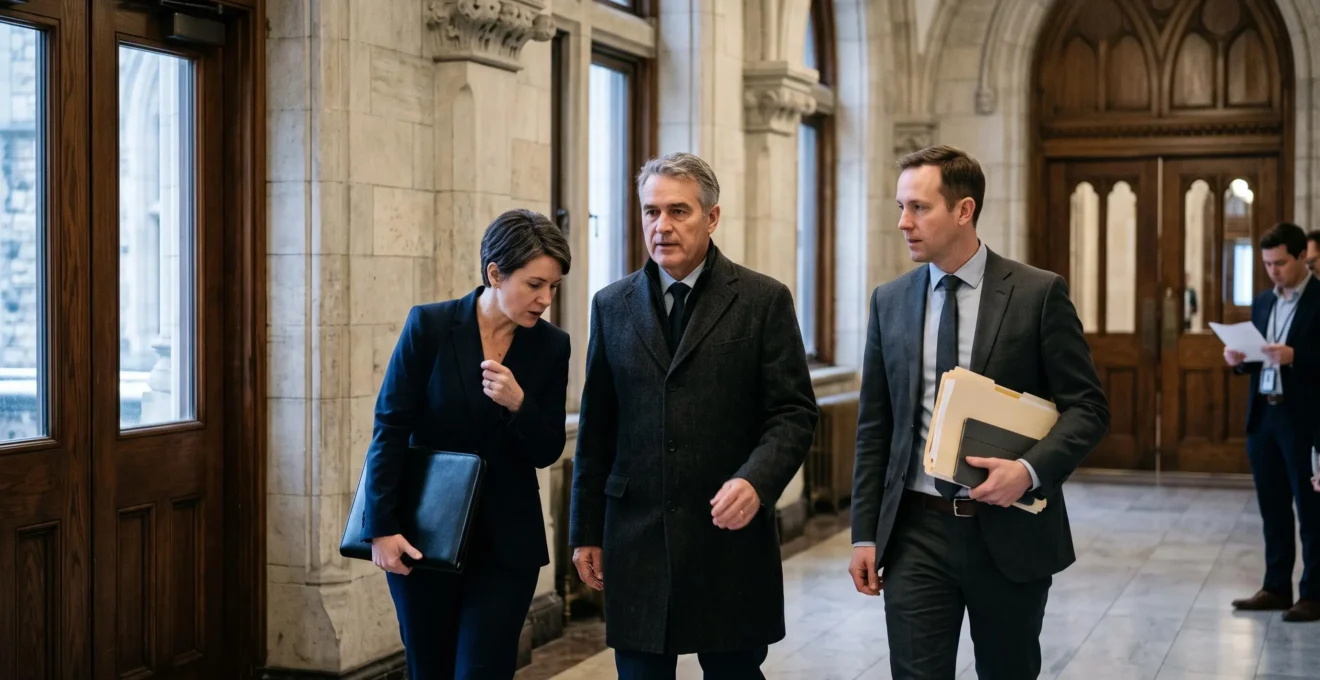 Un ministre canadien marchant dans un couloir gouvernemental à Ottawa, accompagné de deux diplomates portant des dossiers, avant une conférence de presse.