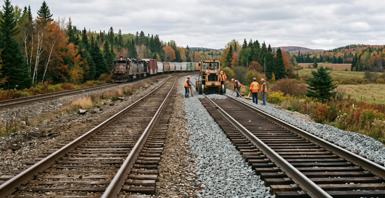 Un train de fret circule sur une voie ferroviaire canadienne tandis que des travailleurs en gilets orange rénove la voie adjacente sur un ballast neuf.