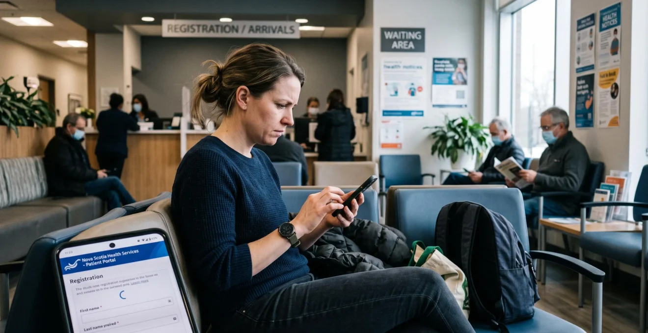 Citoyen canadien consultant sur une plateforme de santé dans une salle d'attente de clinique.