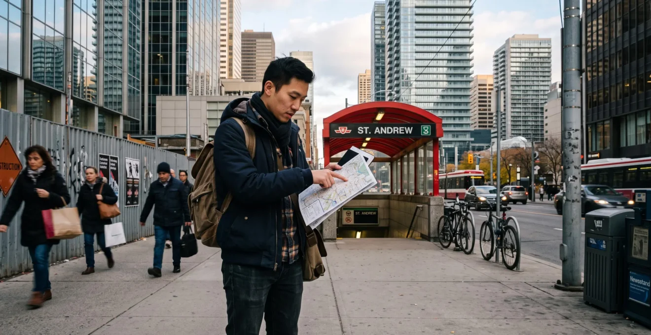 Une jeune professionnelle nouvellement arrivée compare un plan de quartier devant une station de métro, entourée de tours résidentielles du centre-ville de Toronto.