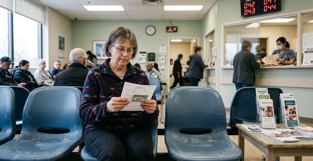 Un patient attend dans une salle d'attente d'un établissement de santé canadien, tenant une fiche de rendez-vous et une carte santé.