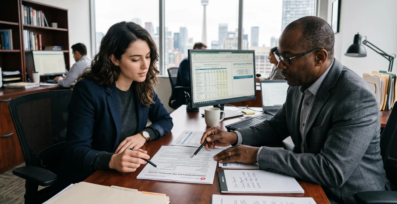 Jeune professionnel analysant des documents de préapprobation hypothécaire avec un conseiller financier dans un bureau canadien.
