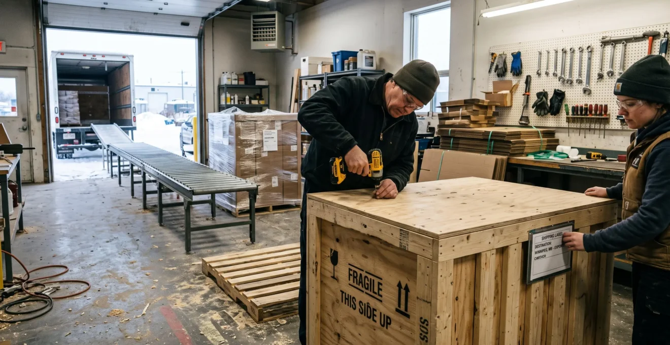 Deux ouvriers ferment une caisse en bois dans un atelier de fabrication canadien, entourés de palettes de produits emballés près d'un quai de chargement ouvert.