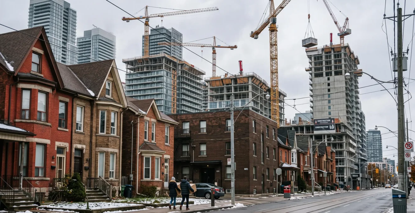 Une rue résidentielle dense d'une grande ville canadienne avec des tours résidentielles en construction et un couple transportant des cartons de déménagement sur le trottoir.