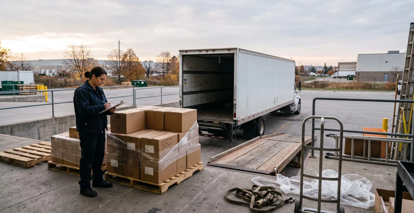 Une responsable logistique vérifie des palettes de cartons sur un quai de chargement d'une petite entreprise manufacturière canadienne, près d'un camion de transport.