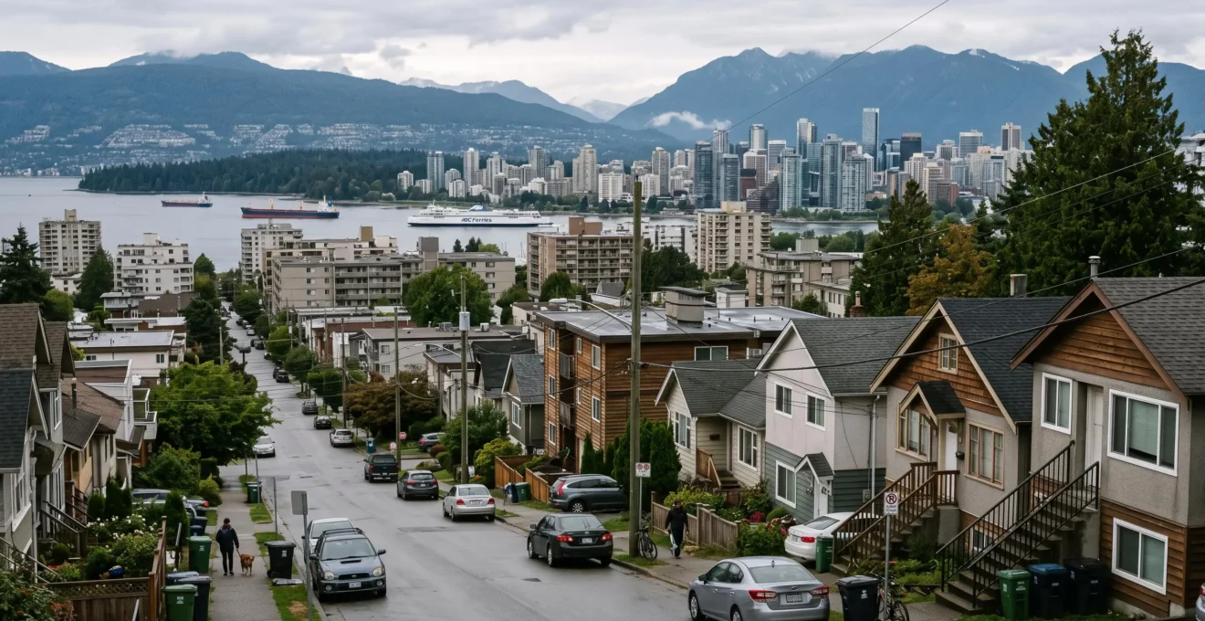 Vue d'un quartier résidentiel dense de Vancouver avec des maisons individuelles, des immeubles de moyenne hauteur et la skyline serrée entre l'océan et les montagnes.