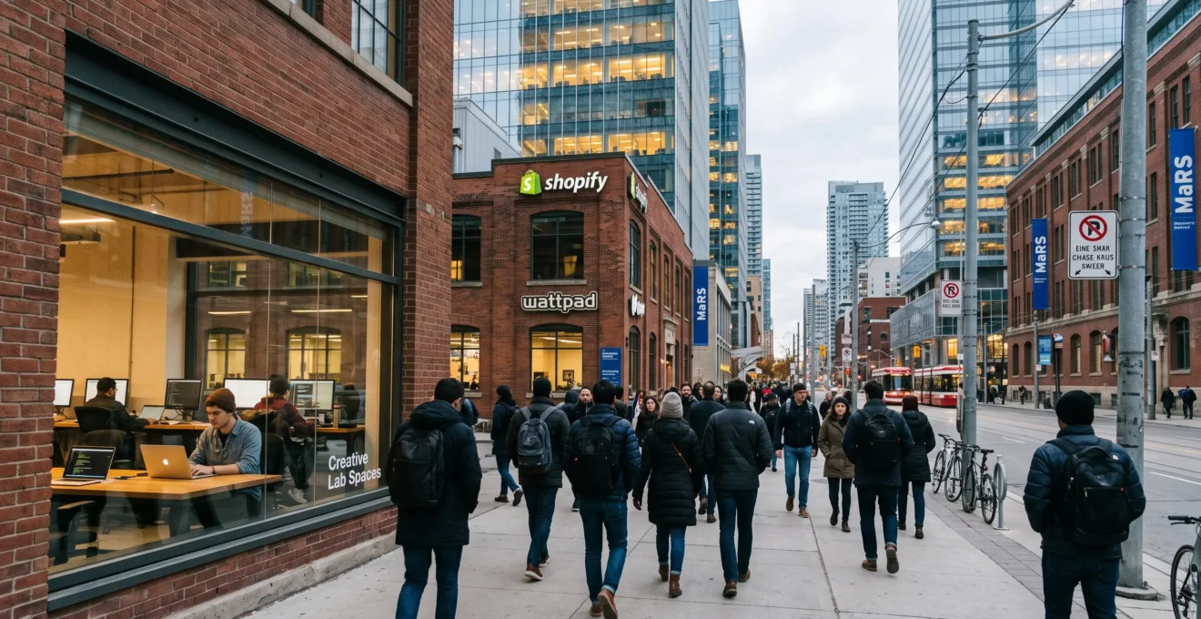Un quartier d'affaires canadien abritant des entreprises technologiques, avec des professionnels marchant devant des tours de verre et des bureaux visibles en rez-de-chaussée.