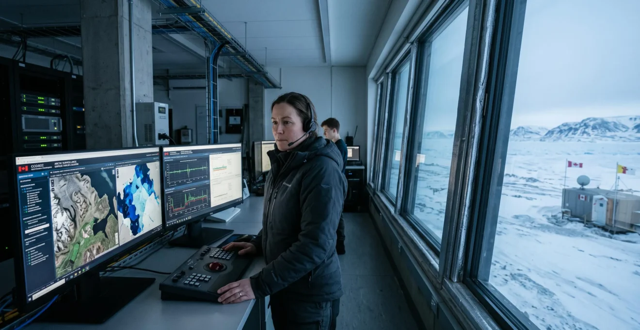 Un expert surveille les vastes étendues de l'Arctique canadien à partir d'un poste de contrôle moderne.