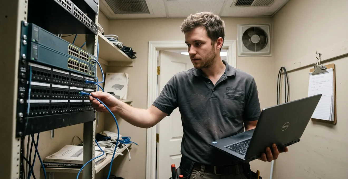 Un technicien informatique inspecte les câbles et équipements réseau d'une petite entreprise dans un local technique de taille modeste.