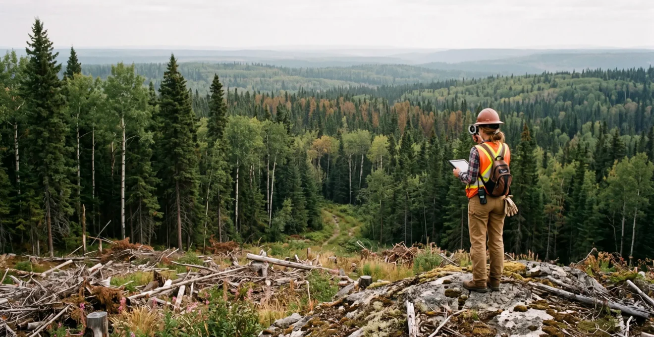 Un technicien forestier observe une vaste forêt boréale canadienne mêlant résineux matures et lisière de coupe, depuis un affleurement rocheux.