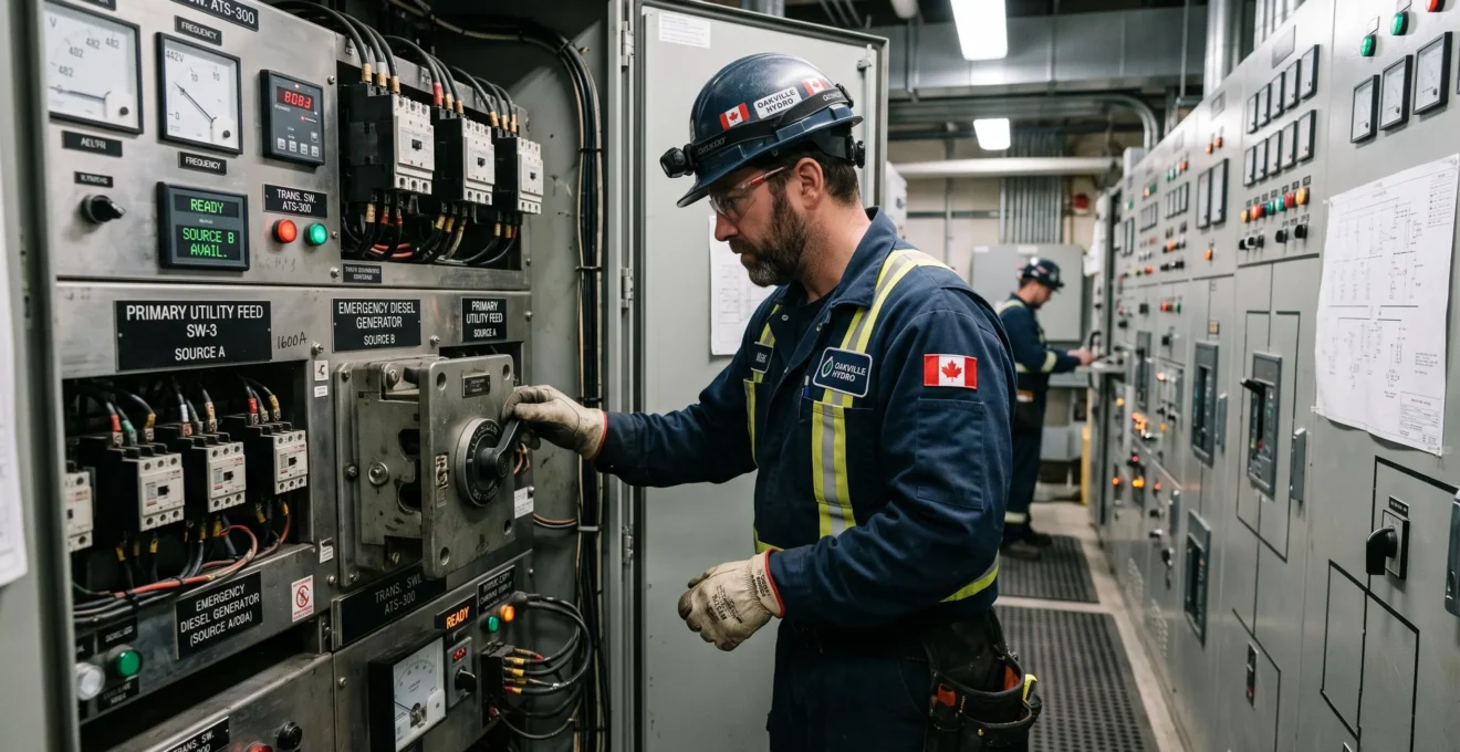 Technicien inspectant un panneau de distribution électrique pour vérifier le système de secours d'une infrastructure critique au Canada.