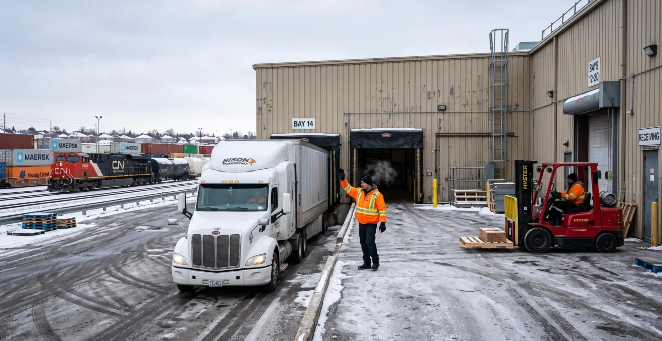 Un magasinier en dossière haute visibilité guide un camion semi-remorque accouplé au quai d'un entrepôt canadien, avec des conteneurs et un train de fret visibles en arrière-plan sous un ciel hivernal.