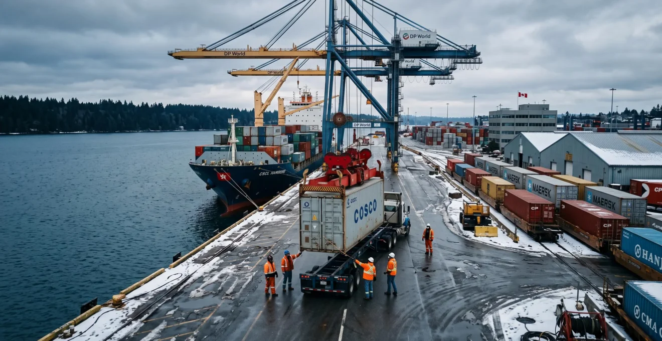Des travailleurs portuaires canadiens guident un conteneur déchargé par des grues géantes d'un navire de marchandises dans un terminal industriel.