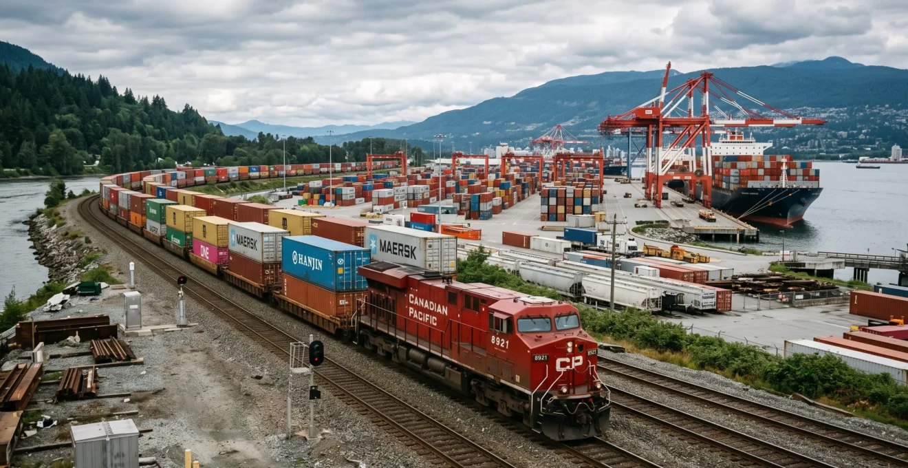 Un train de fret intermodal transportant des conteneurs arrive sur un grand terminal portuaire canadien.