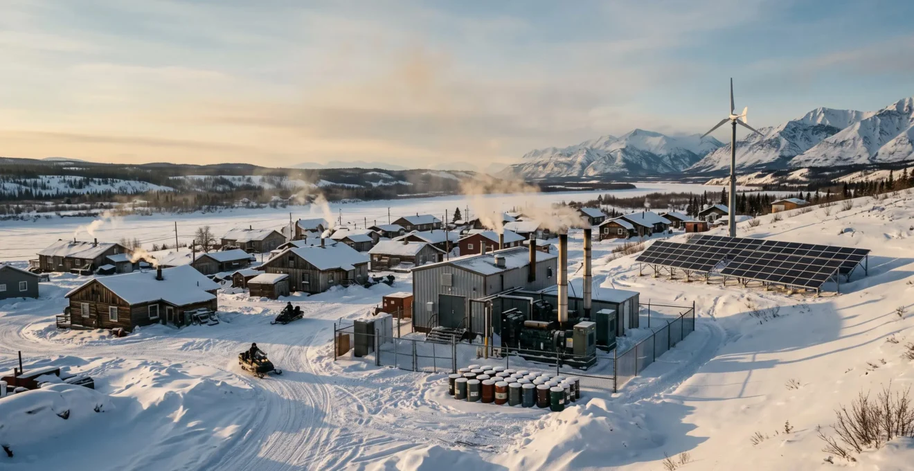 Village du Nord canadien sous la neige avec une centrale diesel, des panneaux solaires et une éolienne en lisière de la collectivité.